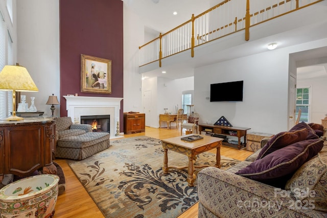 1102 High Brook Dr, Waxhaw, NC 28173 - living room featuring a high ceiling, light wood-style flooring, and a lit fireplace