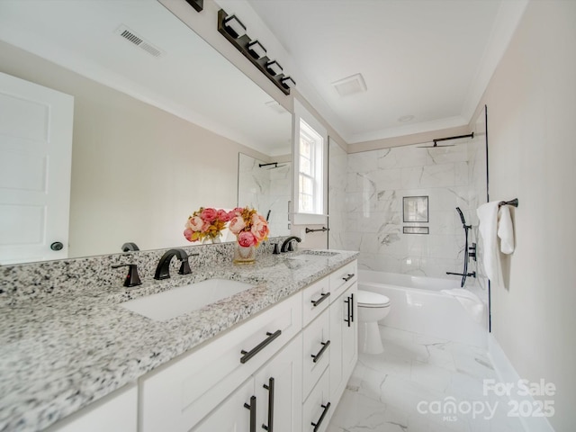full bath featuring toilet, bathtub / shower combination, marble finish floor, a sink, and visible vents