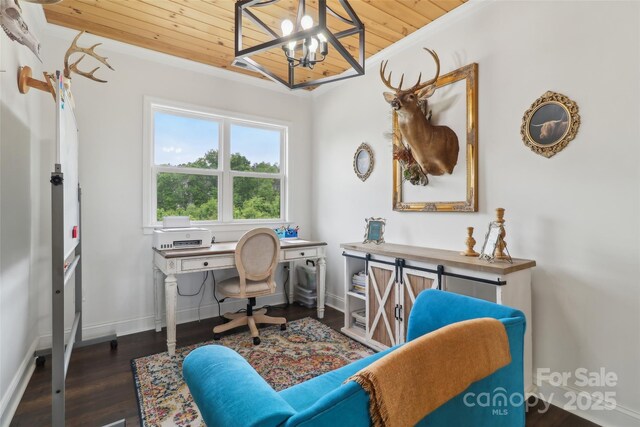 office area with wood finished floors, wood ceiling, baseboards, a notable chandelier, and crown molding
