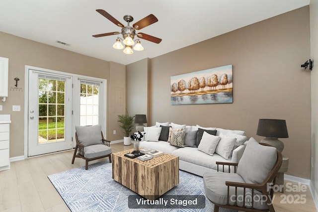 1720 Chamberside Dr, Rock Hill, SC 29730 - living area featuring baseboards, ceiling fan, visible vents, and light wood-type flooring