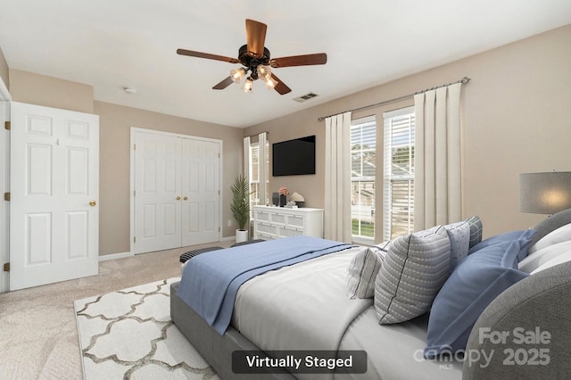 1720 Chamberside Dr, Rock Hill, SC 29730 - carpeted bedroom featuring a closet, baseboards, visible vents, and a ceiling fan