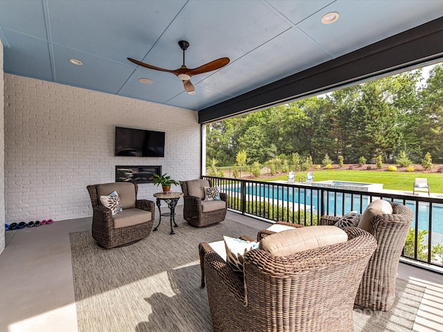 406 Sugar Maple Ln, Weddington, NC 28104 - view of patio featuring an outdoor pool, a ceiling fan, and view of scattered trees
