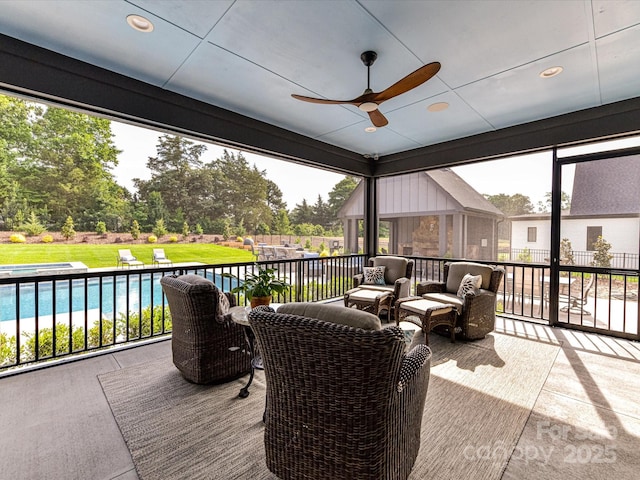 406 Sugar Maple Ln, Weddington, NC 28104 - view of patio / terrace with an outdoor pool, ceiling fan, and outdoor lounge area