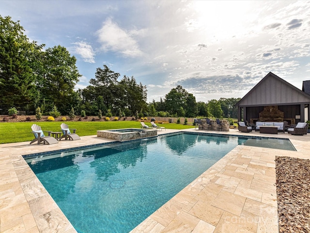 406 Sugar Maple Ln, Weddington, NC 28104 - view of swimming pool with an outdoor living space with a fireplace, a patio area, a yard, and a pool with connected hot tub