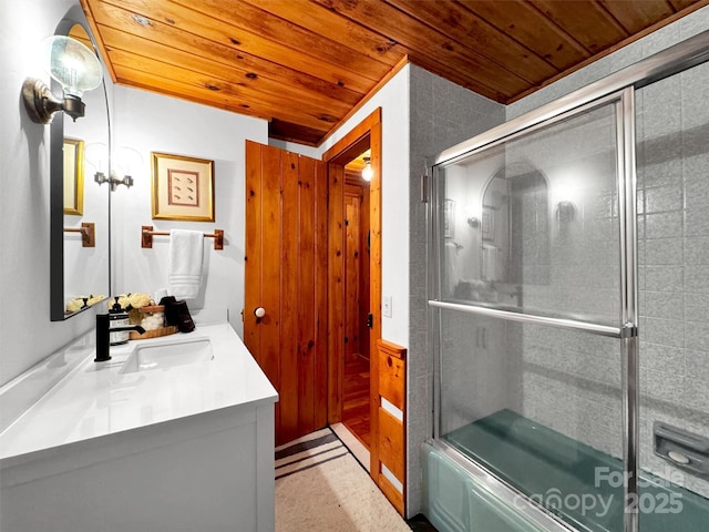 7810 Little Snowbird Rd, Robbinsville, NC 28771 - full bath with wooden ceiling, vanity, and enclosed tub / shower combo