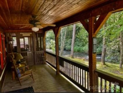 7810 Little Snowbird Rd, Robbinsville, NC 28771 - unfurnished sunroom featuring wooden ceiling and a ceiling fan