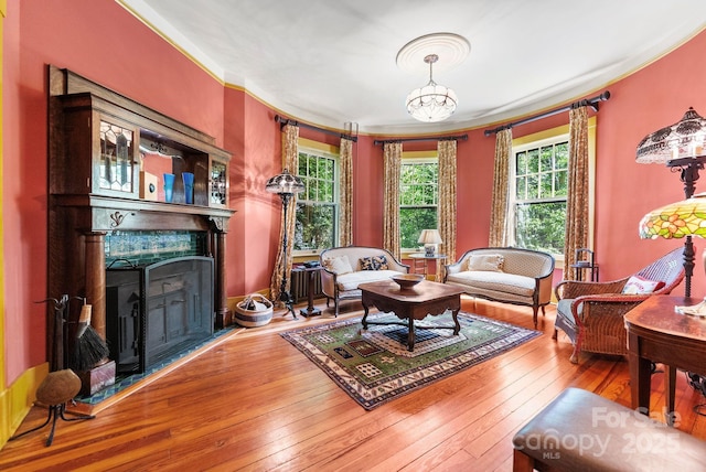 156 Cumberland Ave, Asheville, NC 28801 - living area with a fireplace, hardwood / wood-style floors, crown molding, and a chandelier