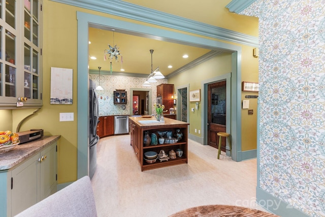 156 Cumberland Ave, Asheville, NC 28801 - kitchen with dishwasher, crown molding, a center island, light colored carpet, and glass insert cabinets