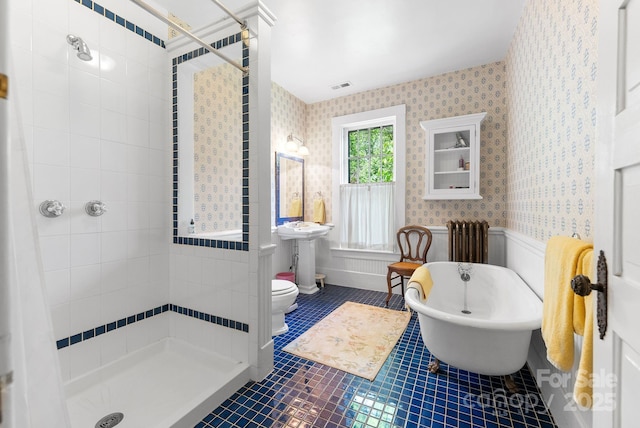 156 Cumberland Ave, Asheville, NC 28801 - bathroom featuring radiator, wallpapered walls, a shower stall, tile patterned floors, and a soaking tub