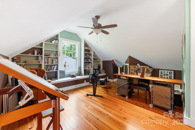 156 Cumberland Ave, Asheville, NC 28801 - office with lofted ceiling, built in shelves, hardwood / wood-style floors, and a ceiling fan
