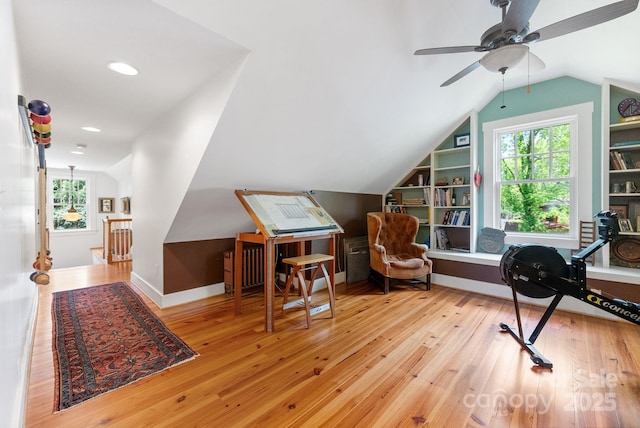 156 Cumberland Ave, Asheville, NC 28801 - office area featuring vaulted ceiling, wood-type flooring, a ceiling fan, recessed lighting, and built in features