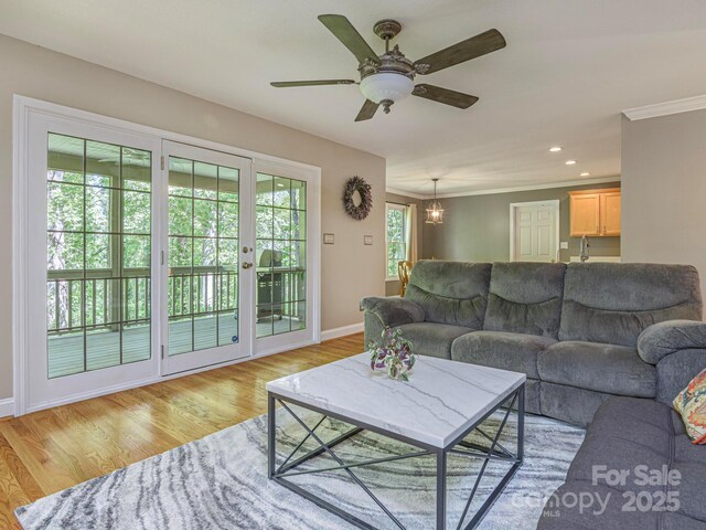 102 Galloway Dr, Asheville, NC 28803 - living area with baseboards, ceiling fan with notable chandelier, light wood finished floors, ornamental molding, and recessed lighting
