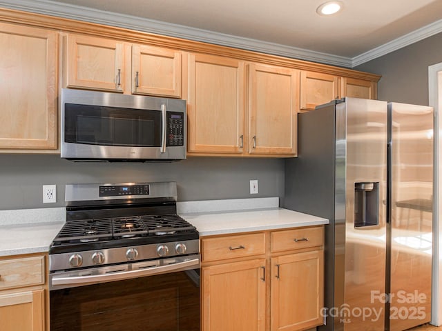 102 Galloway Dr, Asheville, NC 28803 - kitchen featuring ornamental molding, appliances with stainless steel finishes, and light brown cabinets