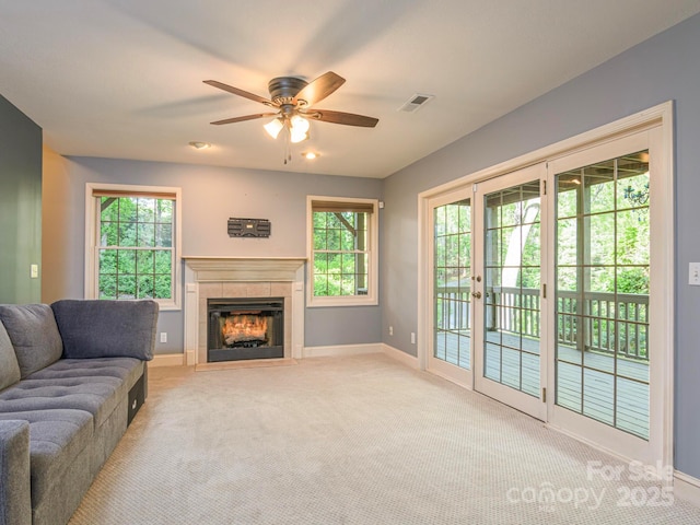 102 Galloway Dr, Asheville, NC 28803 - living room featuring a ceiling fan, baseboards, visible vents, and light colored carpet