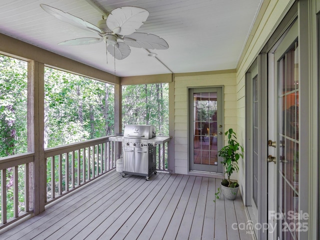 102 Galloway Dr, Asheville, NC 28803 - wooden terrace featuring a ceiling fan and area for grilling