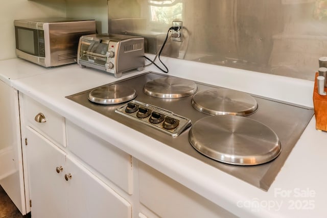 details featuring light countertops, stainless steel microwave, white cabinetry, and a toaster