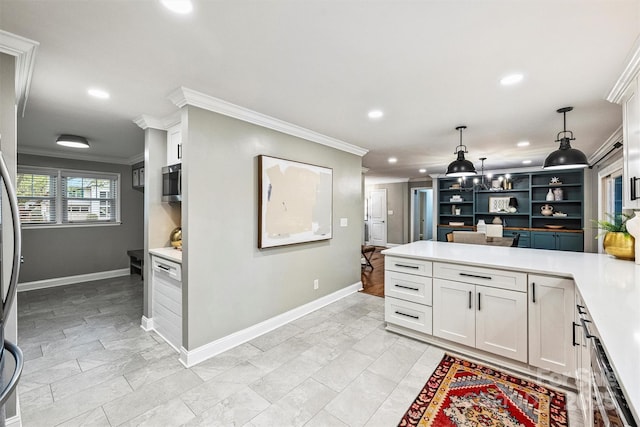 kitchen with recessed lighting, stainless steel microwave, ornamental molding, pendant lighting, and white cabinets