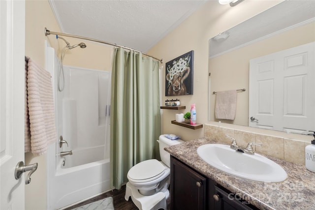 bathroom with a textured ceiling, toilet, wood finished floors, vanity, and shower / bath combo with shower curtain