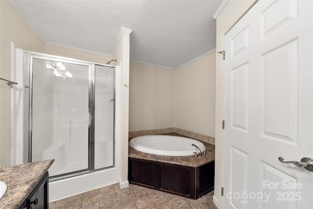 61 Evelyn Acres Dr, Asheville, NC 28806 - bathroom featuring a stall shower, a bath, vanity, crown molding, and a textured ceiling
