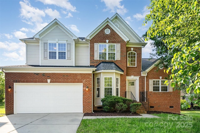 2514 Waters Vista Cir, Charlotte, NC 28213 - view of front of home featuring crawl space, a garage, driveway, a front yard, and brick siding
