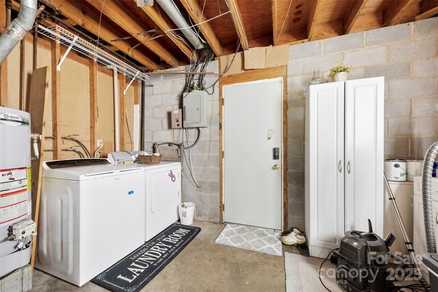 unfinished basement with electric panel, separate washer and dryer, and gas water heater