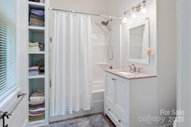 full bath featuring shower / bathtub combination with curtain and vanity