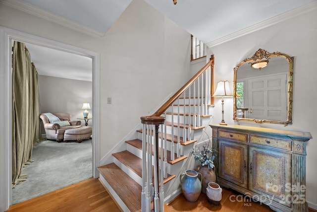 5510 Sardis Rd, Charlotte, NC 28270 - stairs with wood finished floors, ornamental molding, and baseboards