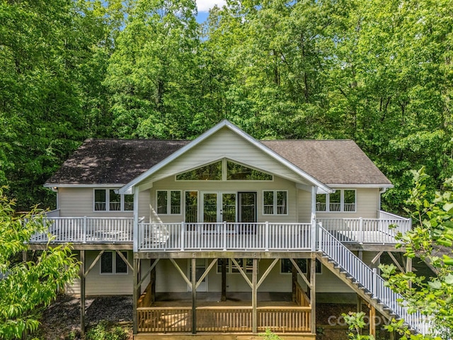 153 Old Lakey Gap Rd, Black Mountain, NC 28711 - rear view of house with a deck, roof with shingles, stairs, and french doors