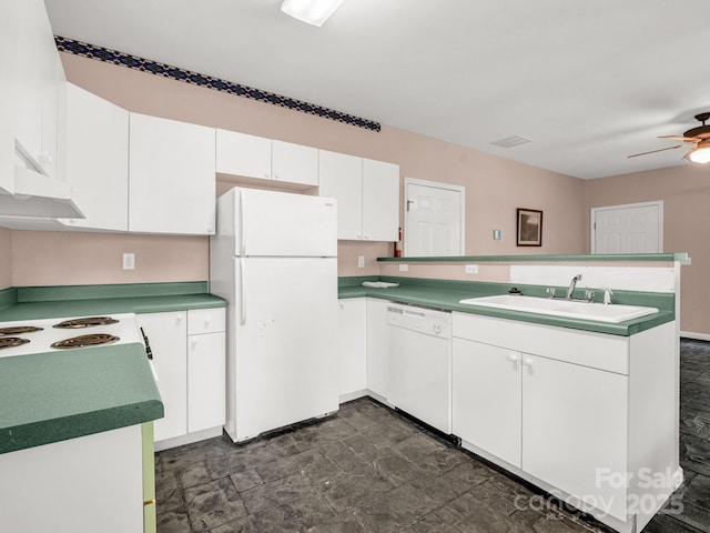 153 Old Lakey Gap Rd, Black Mountain, NC 28711 - kitchen featuring white appliances, a peninsula, a sink, white cabinets, and a ceiling fan