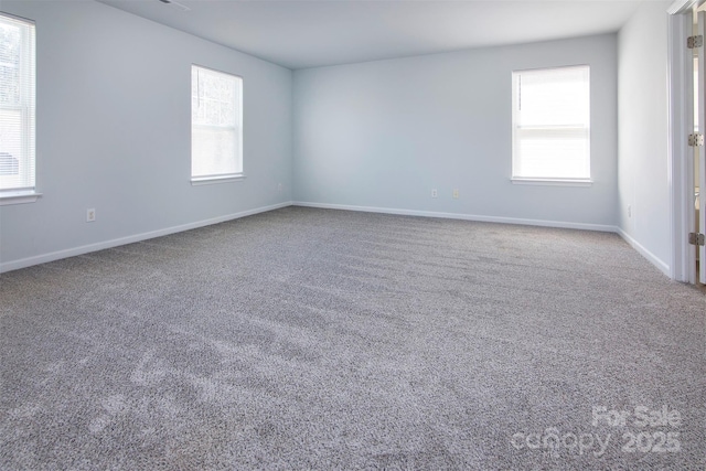 unfurnished room with a wealth of natural light, carpet, and baseboards