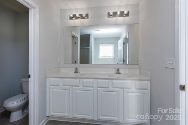 full bathroom featuring double vanity, a sink, and toilet