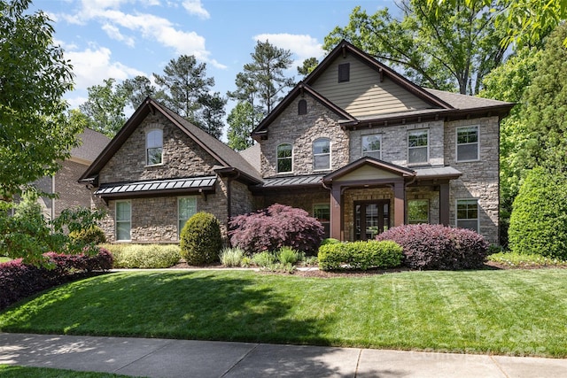 5706 Sardis Hall Ct, Charlotte, NC 28270 - craftsman house featuring a standing seam roof, stone siding, and a front yard