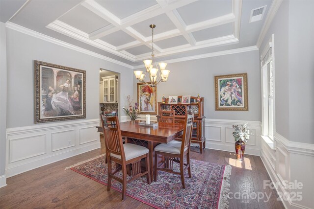 5706 Sardis Hall Ct, Charlotte, NC 28270 - dining room featuring visible vents, ornamental molding, an inviting chandelier, wood finished floors, and coffered ceiling