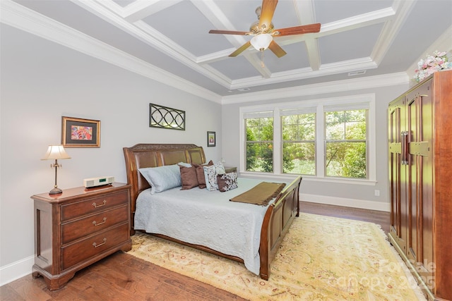 5706 Sardis Hall Ct, Charlotte, NC 28270 - bedroom with crown molding, baseboards, wood finished floors, beamed ceiling, and coffered ceiling