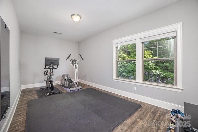 5706 Sardis Hall Ct, Charlotte, NC 28270 - workout area featuring baseboards, dark wood finished floors, and visible vents
