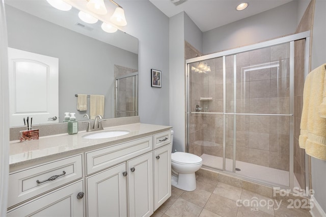 5706 Sardis Hall Ct, Charlotte, NC 28270 - bathroom featuring visible vents, vanity, toilet, tile patterned floors, and a shower stall