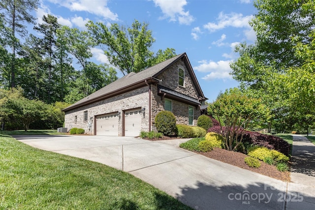 5706 Sardis Hall Ct, Charlotte, NC 28270 - view of side of home featuring a yard, a garage, cooling unit, concrete driveway, and stone siding
