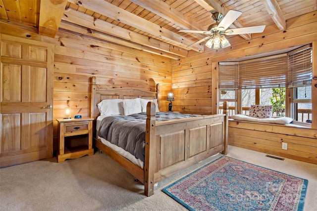 2245 Mckenzie Way N Unit 754, Old Fort, NC 28762 - bedroom featuring a wood ceiling with exposed beams, carpet, and wooden walls