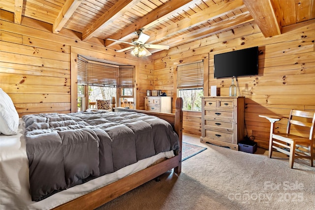 2245 Mckenzie Way N Unit 754, Old Fort, NC 28762 - carpeted bedroom featuring a wood ceiling with exposed beams and wooden walls