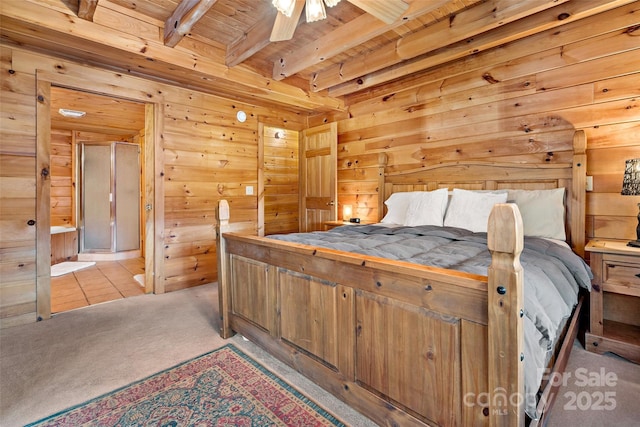 2245 Mckenzie Way N Unit 754, Old Fort, NC 28762 - carpeted bedroom featuring a wood ceiling with exposed beams and wood walls