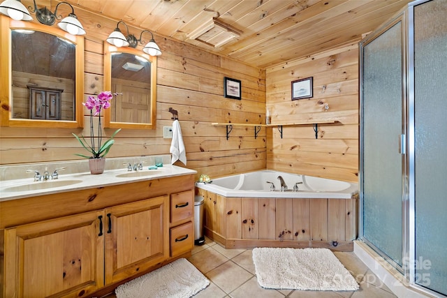 2245 Mckenzie Way N Unit 754, Old Fort, NC 28762 - bathroom with tile patterned floors, wood ceiling, a shower stall, double vanity, and a garden tub
