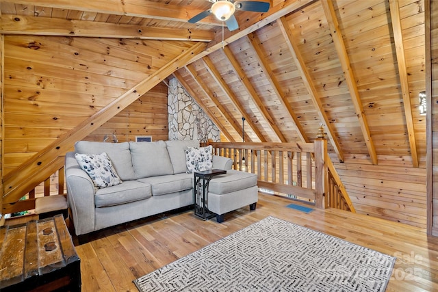 2245 Mckenzie Way N Unit 754, Old Fort, NC 28762 - living room featuring wood ceiling, wood-type flooring, wooden walls, and a ceiling fan