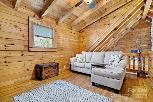 2245 Mckenzie Way N Unit 754, Old Fort, NC 28762 - living area with wood-type flooring, wood walls, wooden ceiling, and a ceiling fan