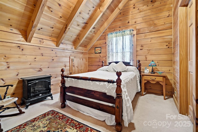 2245 Mckenzie Way N Unit 754, Old Fort, NC 28762 - bedroom featuring carpet, wood ceiling, wooden walls, and a wood stove