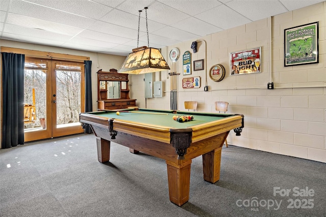 2245 Mckenzie Way N Unit 754, Old Fort, NC 28762 - game room featuring carpet floors, billiards table, french doors, a paneled ceiling, and concrete block wall