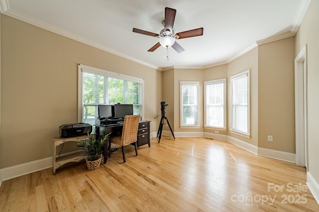 4599 Rustling Woods Dr, Denver, NC 28037 - home office with baseboards, light wood-type flooring, ornamental molding, and a ceiling fan