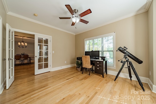 4599 Rustling Woods Dr, Denver, NC 28037 - home office with french doors, a chandelier, light wood-style flooring, crown molding, and baseboards