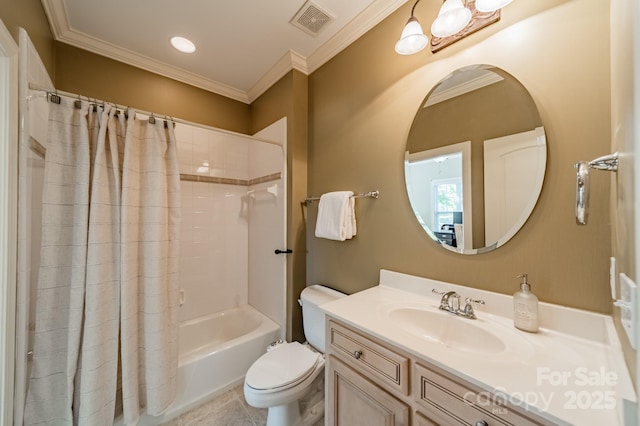4599 Rustling Woods Dr, Denver, NC 28037 - bathroom with toilet, vanity, ornamental molding, shower / bathtub combination with curtain, and tile patterned floors
