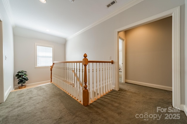 4599 Rustling Woods Dr, Denver, NC 28037 - hall with carpet floors, ornamental molding, an upstairs landing, and baseboards