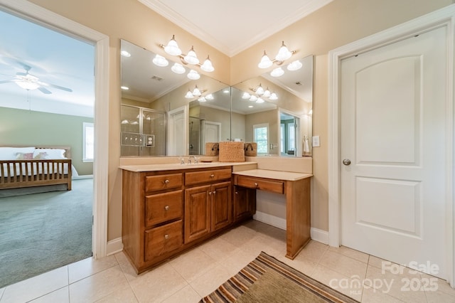 4599 Rustling Woods Dr, Denver, NC 28037 - bathroom with crown molding, vanity, healthy amount of natural light, ceiling fan, and a shower stall
